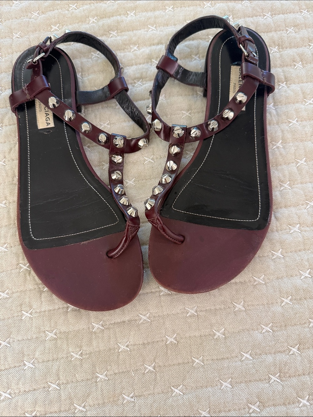 Balenciaga Burgundy Studded T-Strap Sandals with Silver Grommets